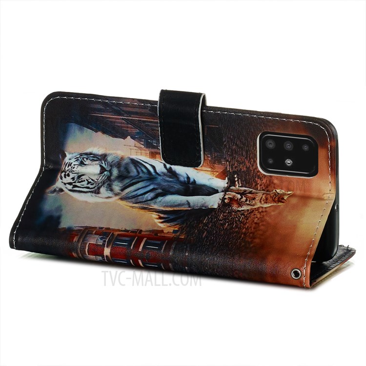 Pattern Printing PU Leather Wallet Phone Cover for Samsung Galaxy A51 - Cat and Tiger Reflection in Water-6