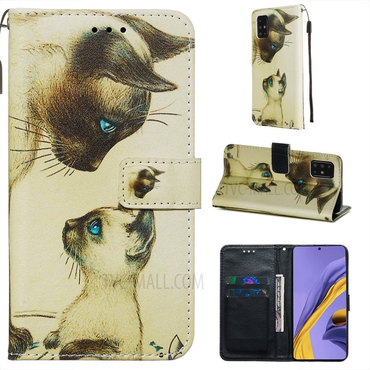 Pattern Printing PU Leather Wallet Phone Cover for Samsung Galaxy A51 - Cat with Blue Eyes-1