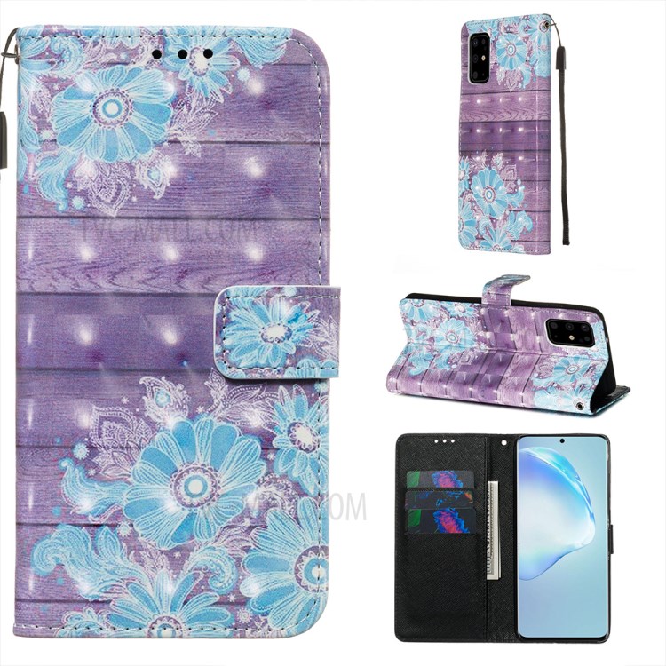 Pattern Printing Light Spot Decor Leather Wallet Case for Samsung Galaxy S20 Plus - Blue Flower-1