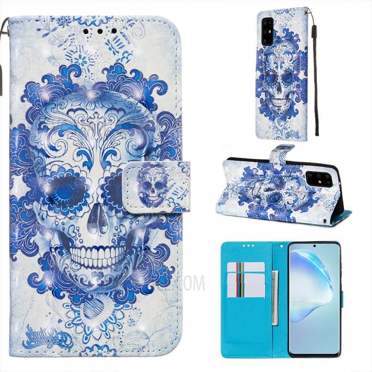 Pattern Printing Light Spot Decor Leather Wallet Case for Samsung Galaxy S20 Plus - Flowered Skull-1