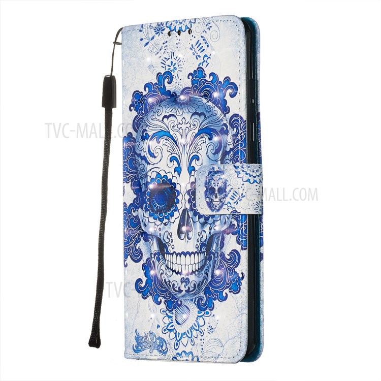 Pattern Printing Light Spot Decor Leather Wallet Case for Samsung Galaxy S20 Plus - Flowered Skull-4
