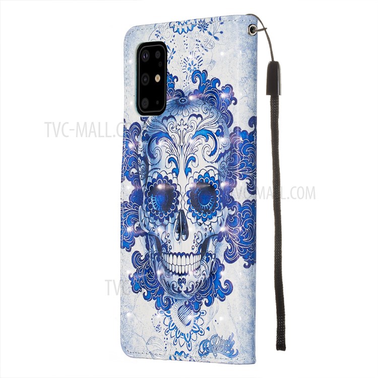 Pattern Printing Light Spot Decor Leather Wallet Case for Samsung Galaxy S20 Plus - Flowered Skull-5