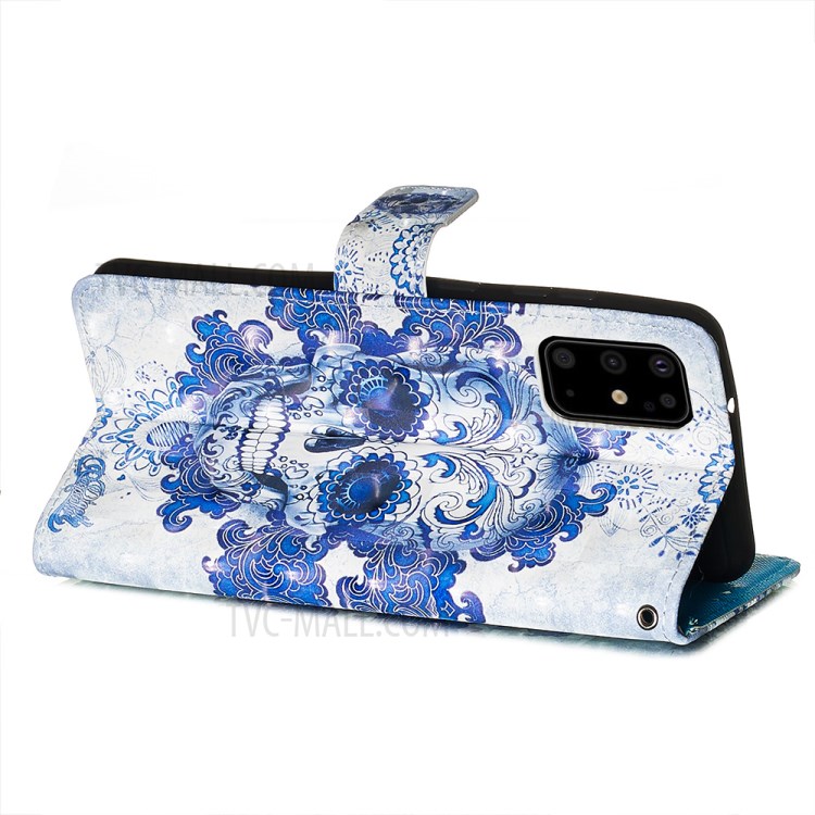 Pattern Printing Light Spot Decor Leather Wallet Case for Samsung Galaxy S20 Plus - Flowered Skull-6