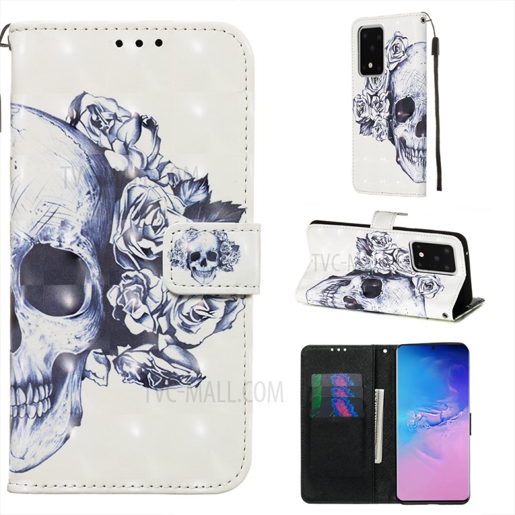 Light Spot Decor Leather Phone Cover Wallet Stand Case for Samsung Galaxy S20 Ultra - Skull Flowers-1