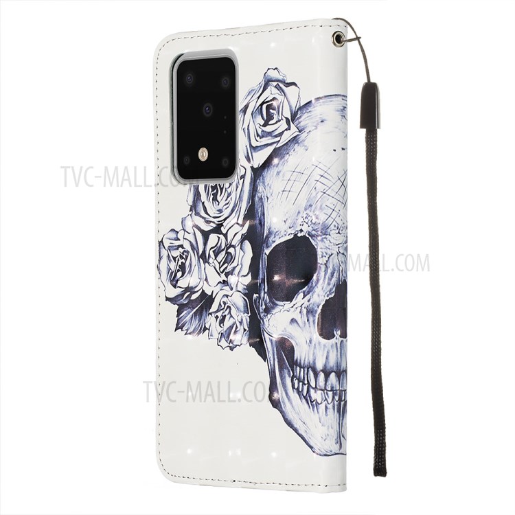 Light Spot Decor Leather Phone Cover Wallet Stand Case for Samsung Galaxy S20 Ultra - Skull Flowers-5