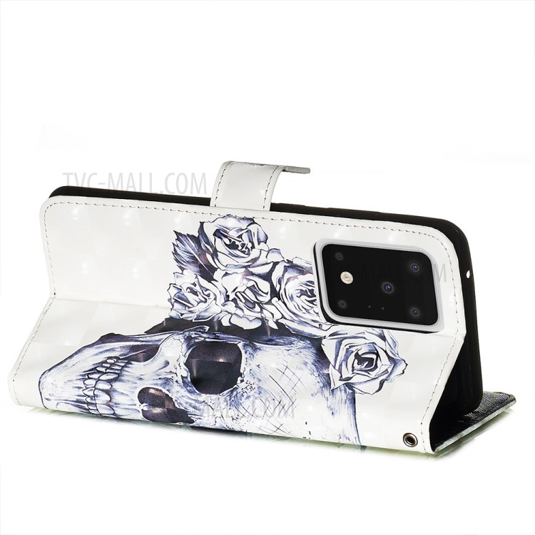 Light Spot Decor Leather Phone Cover Wallet Stand Case for Samsung Galaxy S20 Ultra - Skull Flowers-6