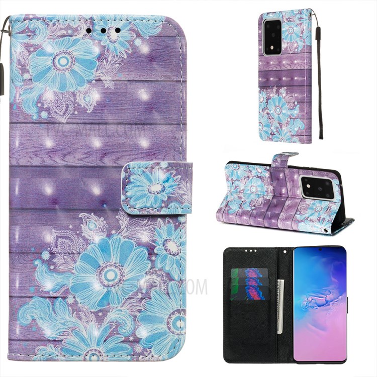 Light Spot Decor Leather Phone Cover Wallet Stand Case for Samsung Galaxy S20 Ultra - Blue Flowers-1