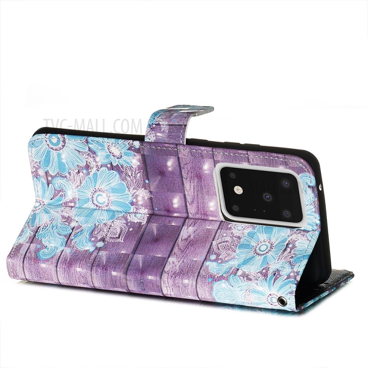 Light Spot Decor Leather Phone Cover Wallet Stand Case for Samsung Galaxy S20 Ultra - Blue Flowers-6