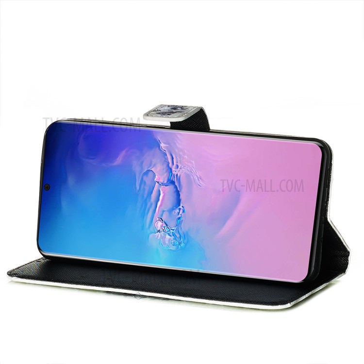 Light Spot Decor Leather Phone Cover Wallet Stand Case for Samsung Galaxy S20 Ultra - Blue Flowers-8