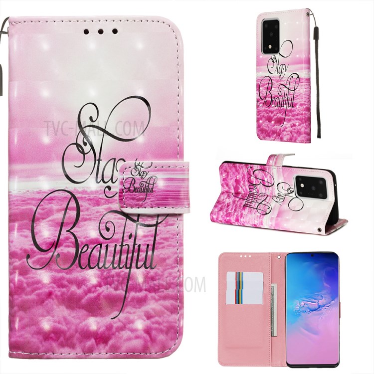 Light Spot Decor Leather Phone Cover Wallet Stand Case for Samsung Galaxy S20 Ultra - Pink Clouds-1