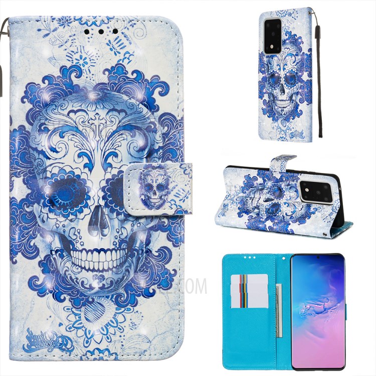 Light Spot Decor Leather Phone Cover Wallet Stand Case for Samsung Galaxy S20 Ultra - Blue Skull-1