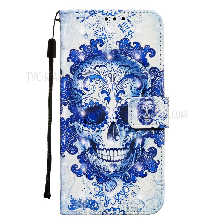 Light Spot Decor Leather Phone Cover Wallet Stand Case for Samsung Galaxy S20 Ultra - Blue Skull-2