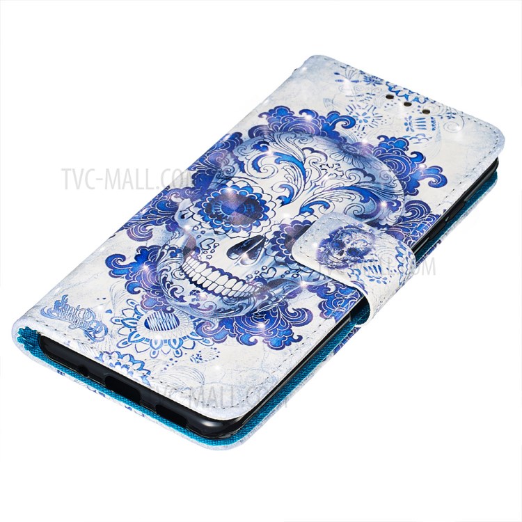 Light Spot Decor Leather Phone Cover Wallet Stand Case for Samsung Galaxy S20 Ultra - Blue Skull-3