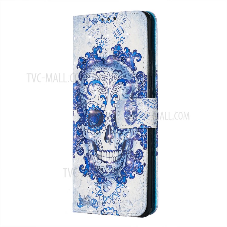 Light Spot Decor Leather Phone Cover Wallet Stand Case for Samsung Galaxy S20 Ultra - Blue Skull-4