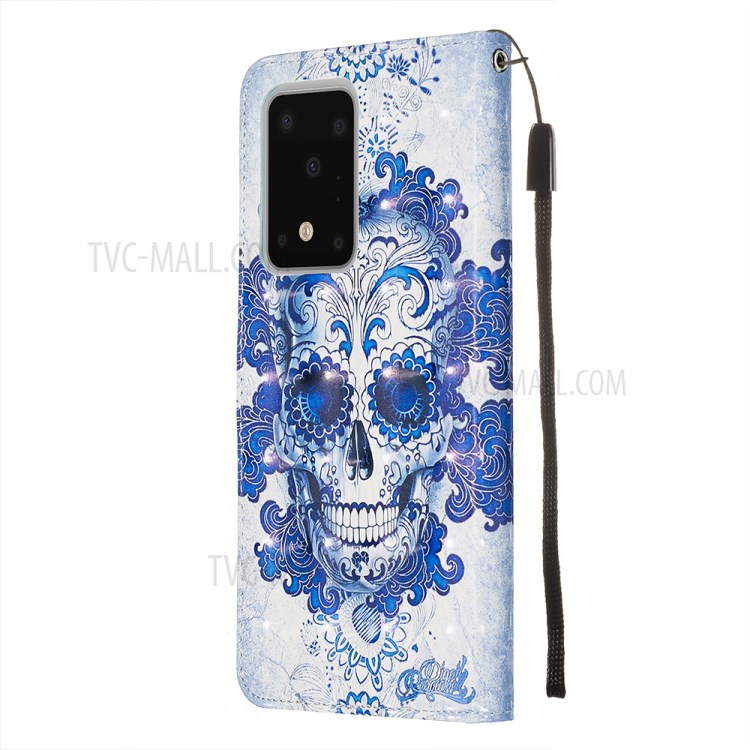 Light Spot Decor Leather Phone Cover Wallet Stand Case for Samsung Galaxy S20 Ultra - Blue Skull-5