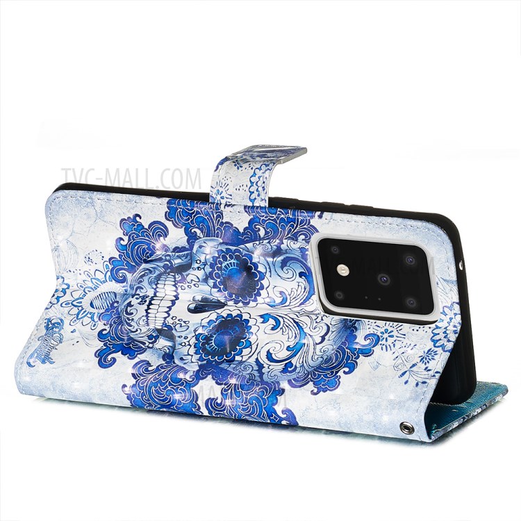 Light Spot Decor Leather Phone Cover Wallet Stand Case for Samsung Galaxy S20 Ultra - Blue Skull-6