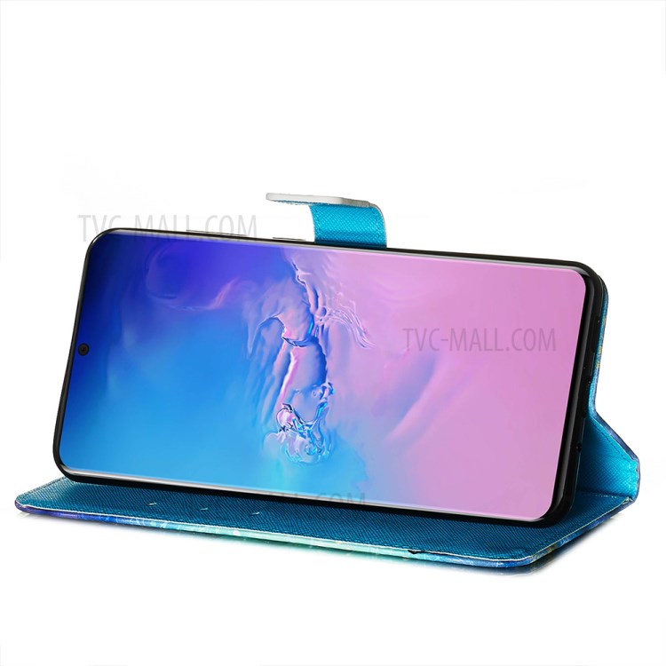 Light Spot Decor Leather Phone Cover Wallet Stand Case for Samsung Galaxy S20 Ultra - Blue Skull-8