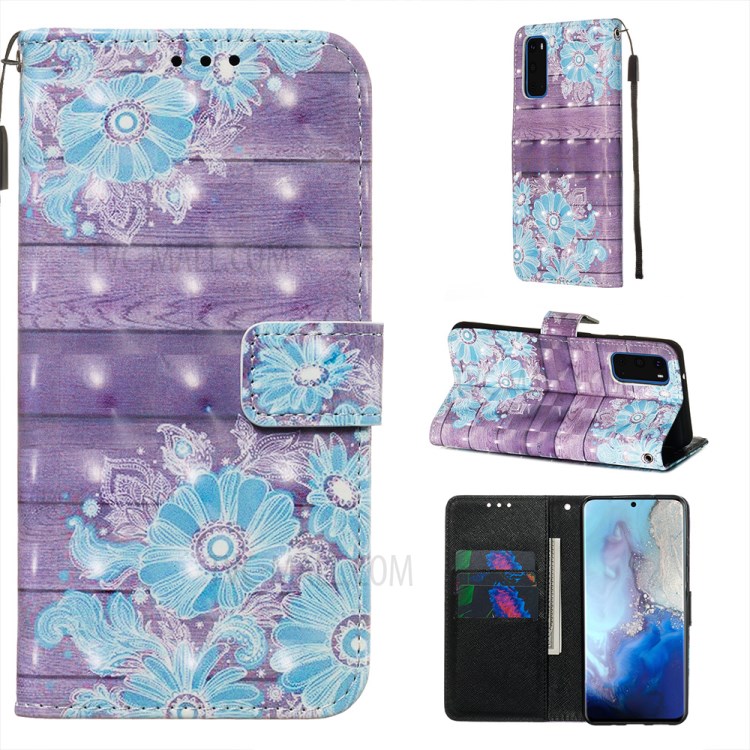 Pattern Printing Light Spot Decor Leather Wallet Case for Samsung Galaxy S20 - Blue Flower-1