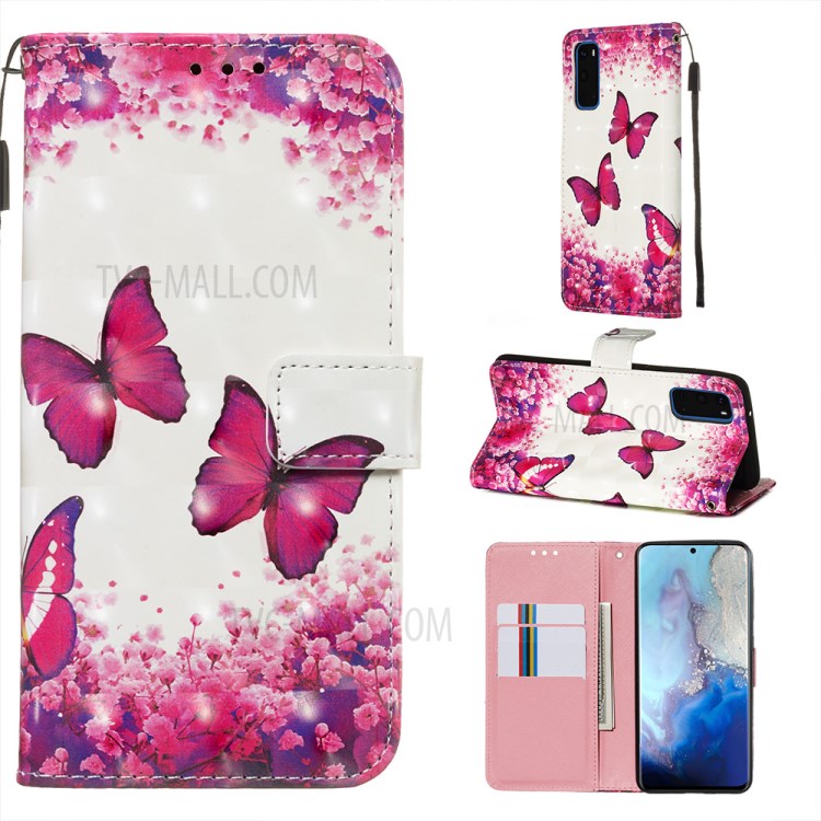 Pattern Printing Light Spot Decor Leather Wallet Case for Samsung Galaxy S20 - Butterfly and Flower-1