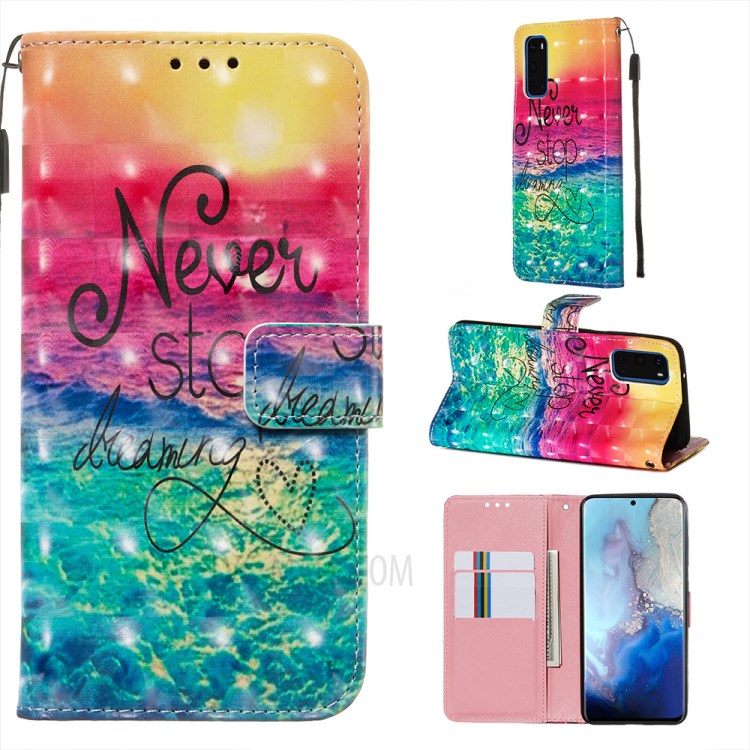 Pattern Printing Light Spot Decor Leather Wallet Case for Samsung Galaxy S20 - Never Stop Dreaming-1