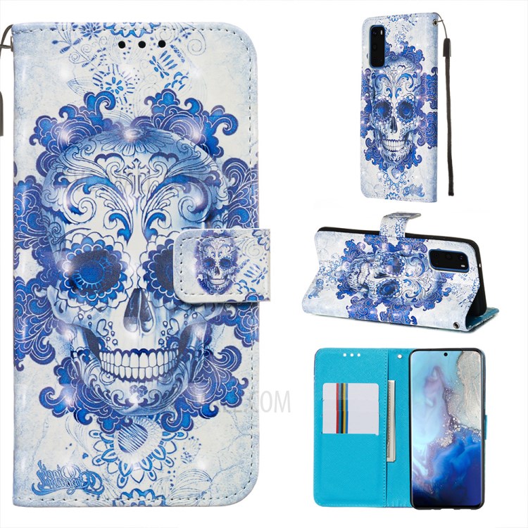 Pattern Printing Light Spot Decor Leather Wallet Case for Samsung Galaxy S20 - Flowered Skull-1