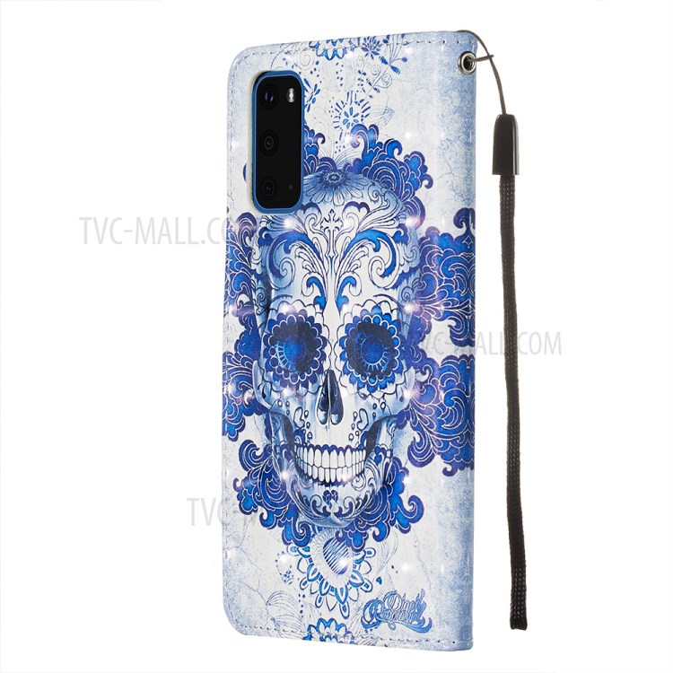 Pattern Printing Light Spot Decor Leather Wallet Case for Samsung Galaxy S20 - Flowered Skull-5