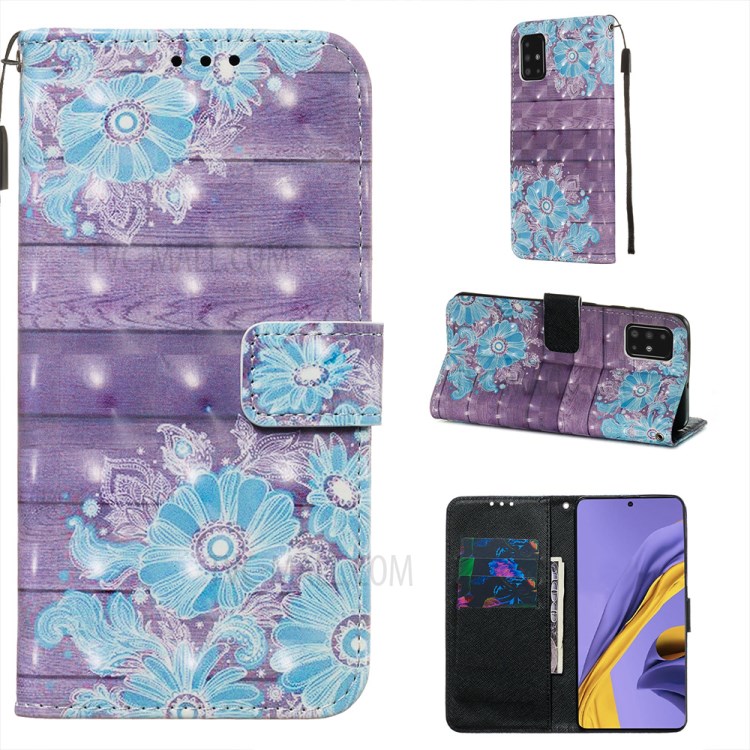 Pattern Printing Light Spot Decor Leather Wallet Case for Samsung Galaxy A51 - Blue Flower-1