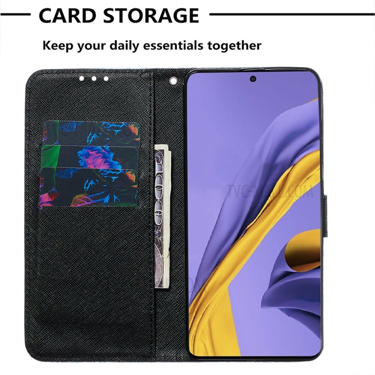 Pattern Printing Light Spot Decor Leather Wallet Case for Samsung Galaxy A51 - Blue Flower-7