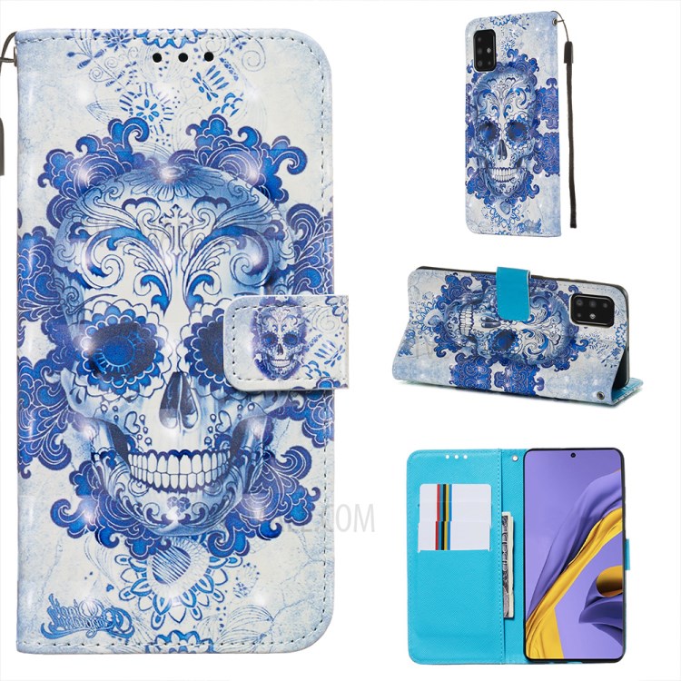 Pattern Printing Light Spot Decor Leather Wallet Case for Samsung Galaxy A51 - Flowered Skull-1