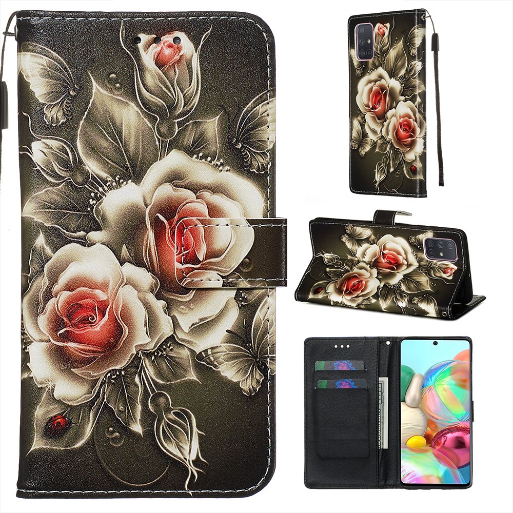 Painting Leather Phone Wallet Stand Case for Samsung Galaxy A71 - Rose-1