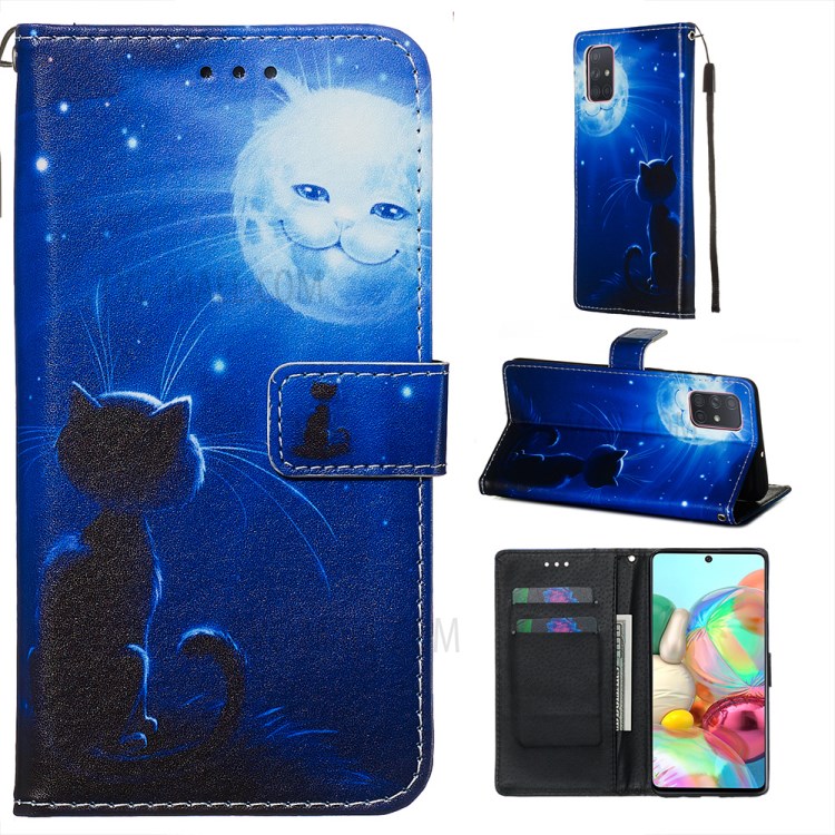 Painting Leather Phone Wallet Stand Case for Samsung Galaxy A71 - Cat Moon-1