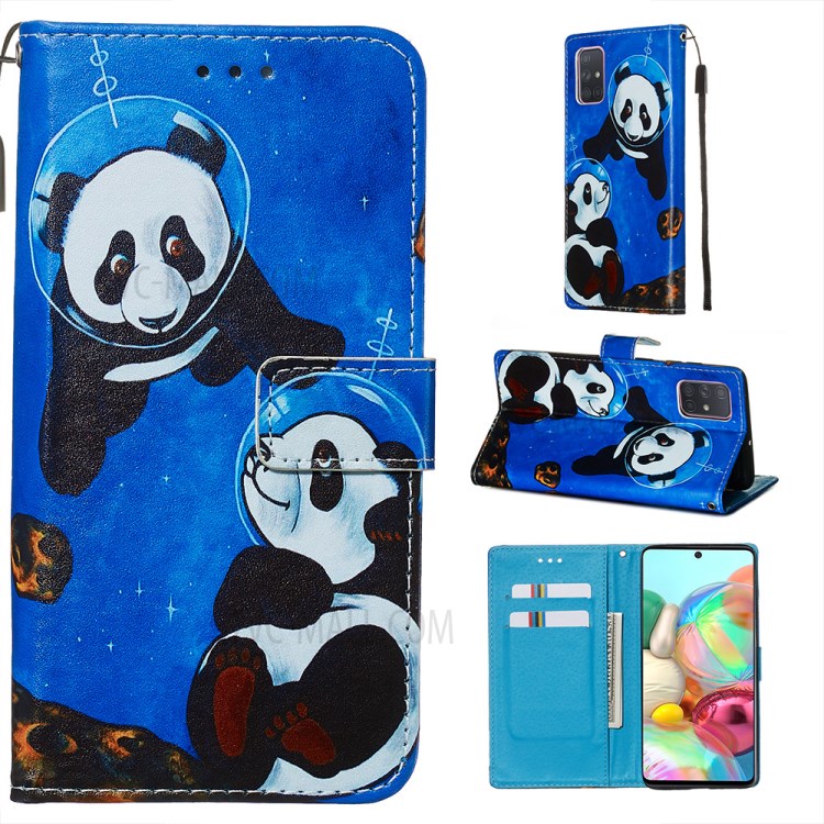 Painting Leather Phone Wallet Stand Case for Samsung Galaxy A71 - Couple Pandas-1
