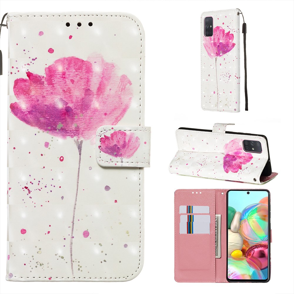 3D Painting Style Leather Phone Wallet Stand Case for Samsung Galaxy A71 - Pink Flower-1