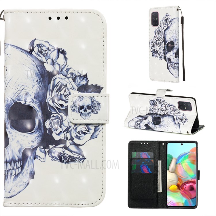 3D Painting Style Leather Phone Wallet Stand Case for Samsung Galaxy A71 - Skull Flowers-1