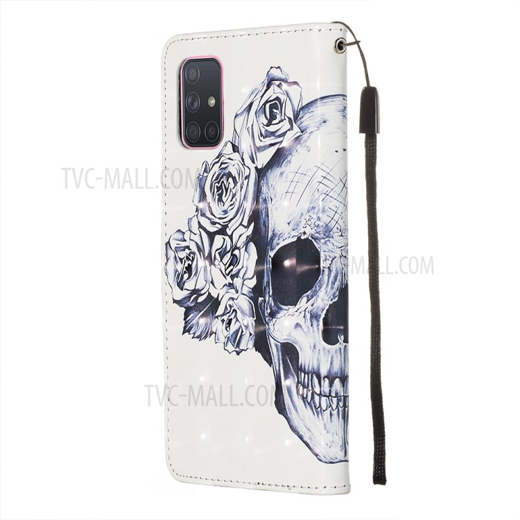 3D Painting Style Leather Phone Wallet Stand Case for Samsung Galaxy A71 - Skull Flowers-5