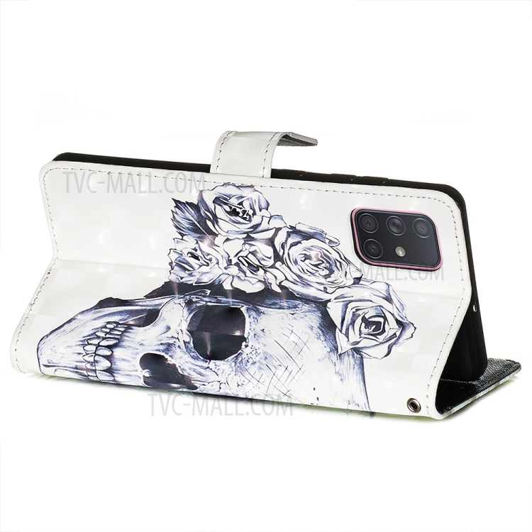 3D Painting Style Leather Phone Wallet Stand Case for Samsung Galaxy A71 - Skull Flowers-6