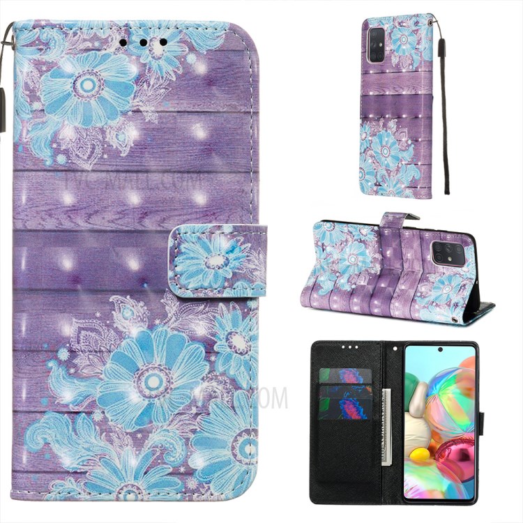 3D Painting Style Leather Phone Wallet Stand Case for Samsung Galaxy A71 - Blue Flowers-1