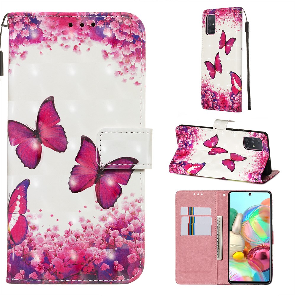 3D Painting Style Leather Phone Wallet Stand Case for Samsung Galaxy A71 - Red Butterflies-1