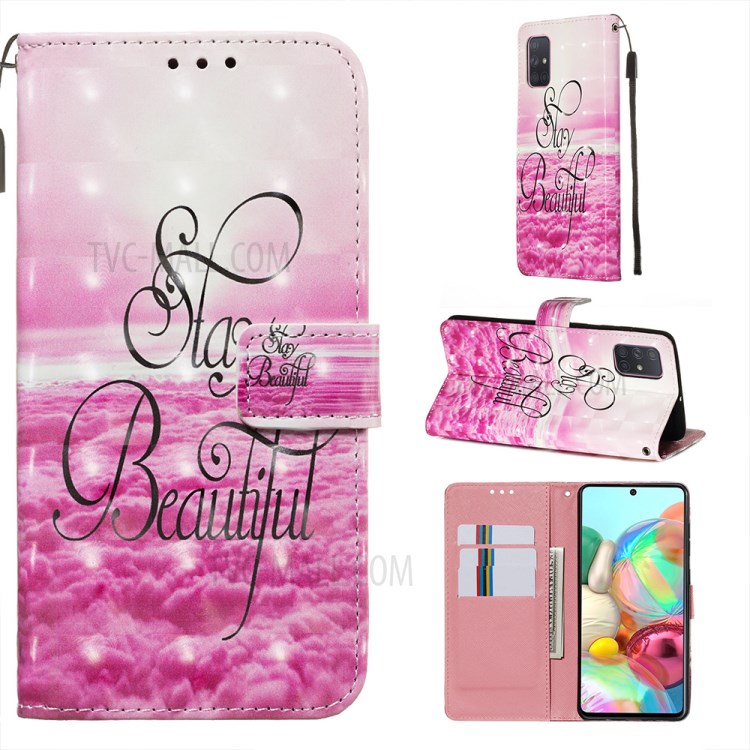 3D Painting Style Leather Phone Wallet Stand Case for Samsung Galaxy A71 - Pink Cloud-1