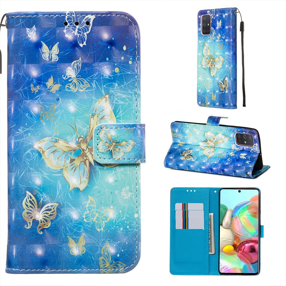 3D Painting Style Leather Phone Wallet Stand Case for Samsung Galaxy A71 - Blue Shiny Butterflies-1