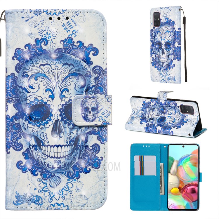 3D Painting Style Leather Phone Wallet Stand Case for Samsung Galaxy A71 - Blue Skull-1