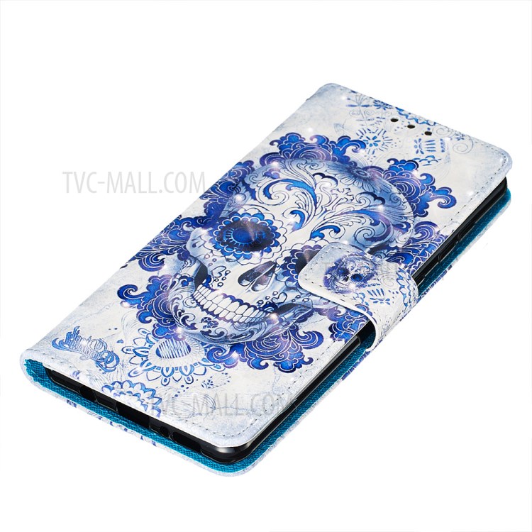 3D Painting Style Leather Phone Wallet Stand Case for Samsung Galaxy A71 - Blue Skull-3