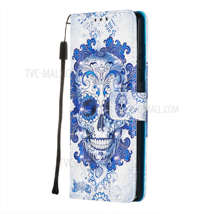 3D Painting Style Leather Phone Wallet Stand Case for Samsung Galaxy A71 - Blue Skull-4
