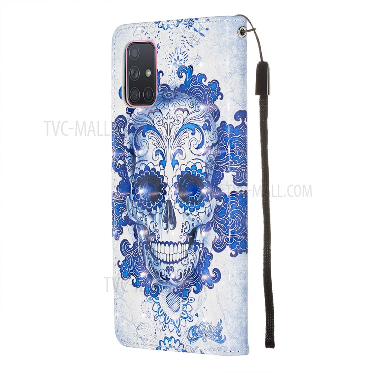 3D Painting Style Leather Phone Wallet Stand Case for Samsung Galaxy A71 - Blue Skull-5