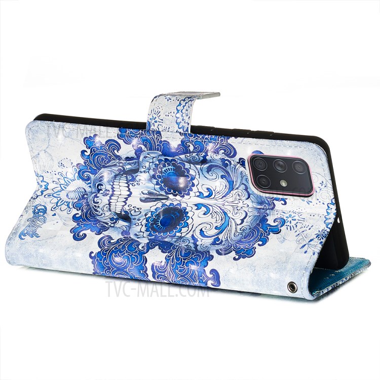 3D Painting Style Leather Phone Wallet Stand Case for Samsung Galaxy A71 - Blue Skull-6