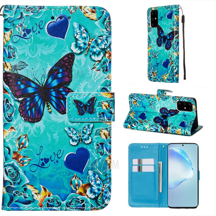 Pattern Printing Leather Wallet Case for Samsung Galaxy S20 Plus - Blue Heart and Butterfly-1