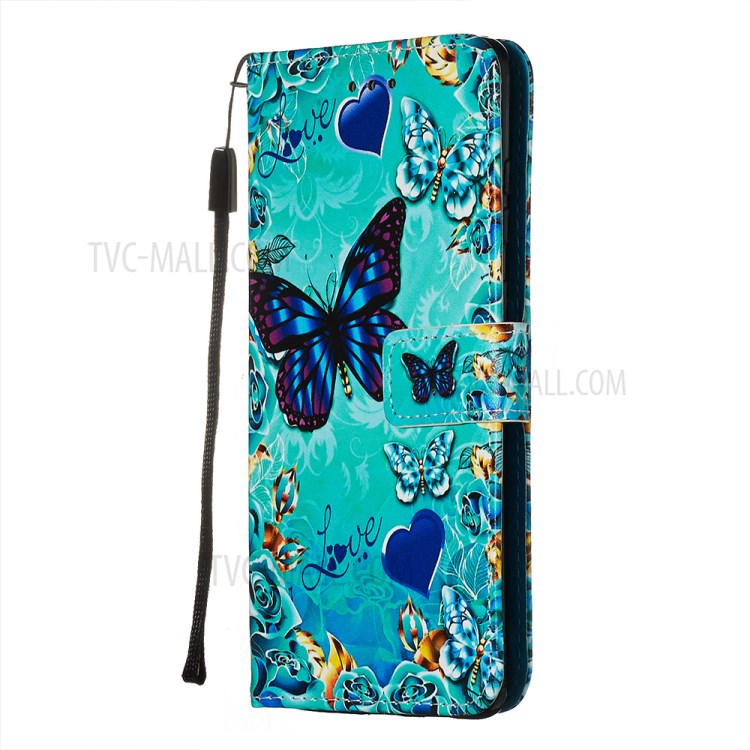 Pattern Printing Leather Wallet Case for Samsung Galaxy S20 Plus - Blue Heart and Butterfly-4