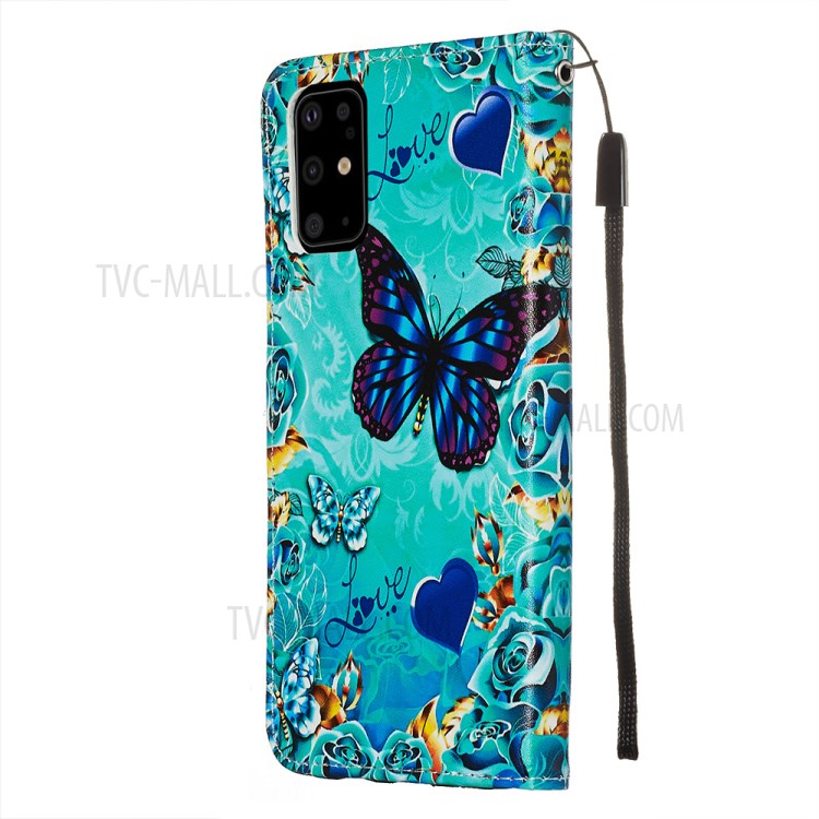 Pattern Printing Leather Wallet Case for Samsung Galaxy S20 Plus - Blue Heart and Butterfly-5