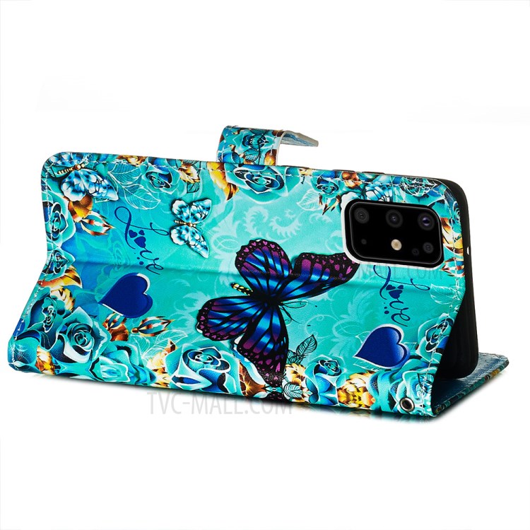 Pattern Printing Leather Wallet Case for Samsung Galaxy S20 Plus - Blue Heart and Butterfly-6