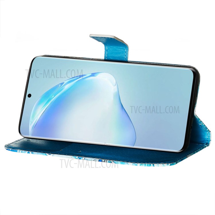 Pattern Printing Leather Wallet Case for Samsung Galaxy S20 Plus - Blue Heart and Butterfly-8